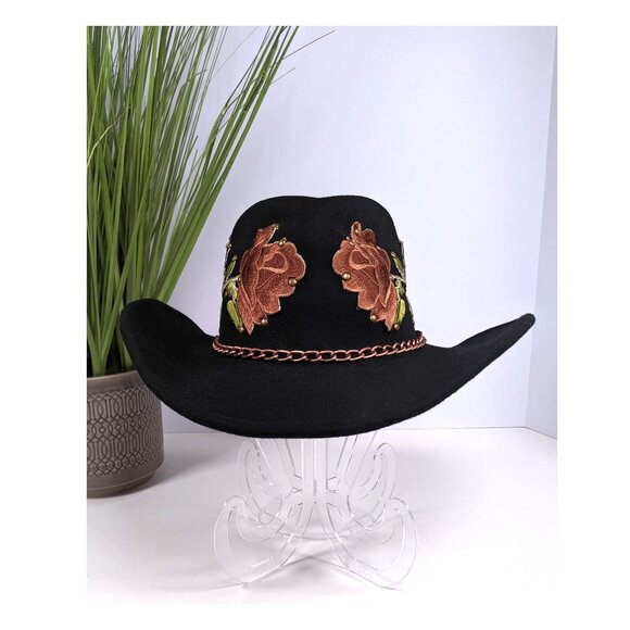 SCALA 100% Wool Felt Western Wear Cowgirl Hat Black Pink Rose Applique\' One Size main image 5